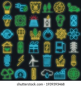 Energiesparsymbol eingestellt. Rahmenset mit energiesparenden Vektorsymbol-Neonfarbe auf Schwarz