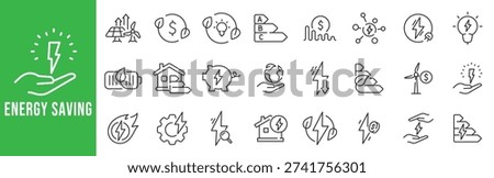 Energy saving icon set representing renewable energy, power efficiency, smart consumption, cost reduction
