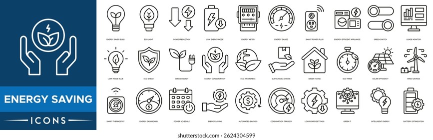 Energy Saving icon set. Energy Saver Bulb, Eco Light, Power Reduction, Low Mode, Energy Meter and Energy Gauge