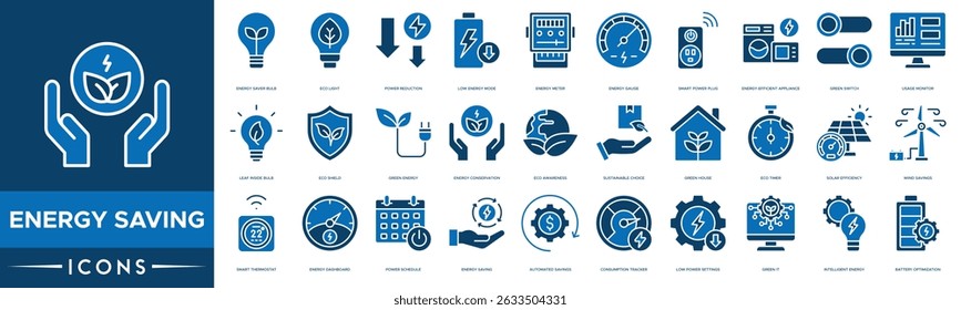 Energy Saving icon set. Energy Saver Bulb, Eco Light, Power Reduction, Low Mode, Energy Meter and Energy Gauge