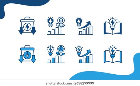 Energy Saving icon set with Waste Reduction, Economic Growth, Energy Consumption, Education.