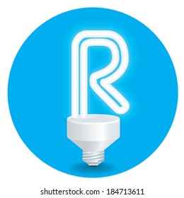 Energy saving idea vector. Create light bulb letter R isolate on blue background.