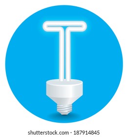 Energy saving idea vector. Create light bulb letter T isolate on blue background.