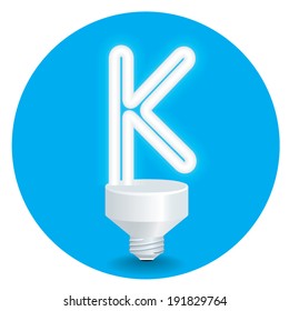 Energy saving idea vector. Create light bulb letter K isolate on blue background.
