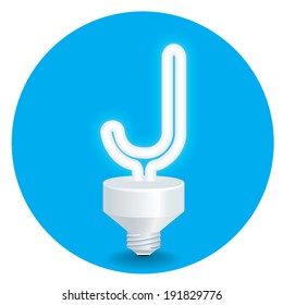 Energy saving idea vector. Create light bulb letter J isolate on blue background.