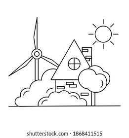 Energy saving innovations. Rational use of resources. Windmills and solar energy. Simple linear vector illustration.
