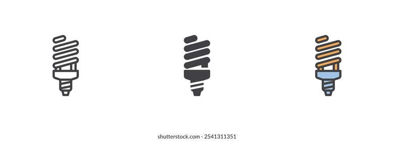 Lámpara de ahorro de energía con diferentes iconos de estilo. Línea, glifo y contorno relleno versión colorida, contorno y signo de Vector relleno. Símbolo de la bombilla de ahorro de energía, ilustración del logotipo. Gráficos de Vector