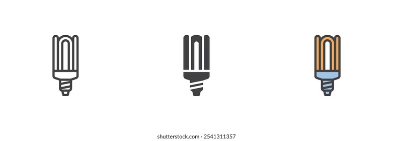 Energy saving lamp different style icon set. Line, glyph and filled outline colorful version, outline and filled vector sign. Power save light bulb Symbol, logo illustration. Vector graphics