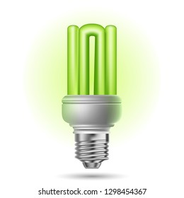 energy saving lamp glows green on a white background