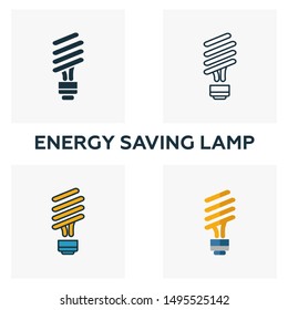 Energy Saving Lamp icon set. Four elements in diferent styles from power and energy icons collection. Creative energy saving lamp icons filled, outline, colored and flat symbols.