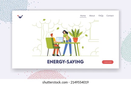 Energy Saving Landing Page Template. Business Characters Working in Modern Green Office, Eco Friendly Environment with Live Plants. Employees at Ecological Workplace. Cartoon Vector Illustration