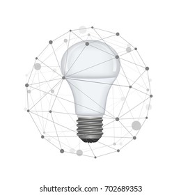 Energy saving light bulb and ball of dots and lines around it on a white background
