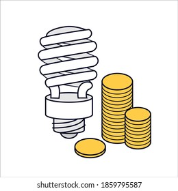 Bombilla de ahorro de energía con monedas. Ahorro de energía y dinero. Vector coloreado.