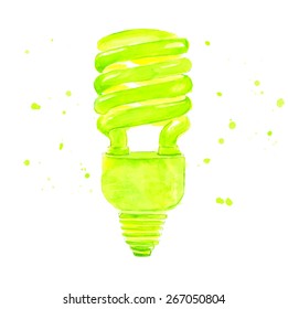 Energy saving light bulb. Green eco concept illustration painted with watercolor.