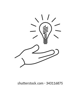 Energy saving light bulb in hand ecology and environment vector icon and infographic black on white background
