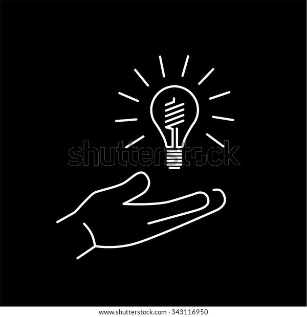 Energy saving light\
bulb in hand ecology and environment vector icon and infographic\
white on black\
background