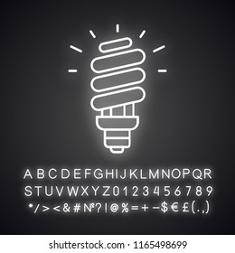 Energy saving light bulb neon light icon. Compact fluorescent lamp. Energy efficiency light. Glowing sign with alphabet, numbers and symbols. Vector isolated illustration