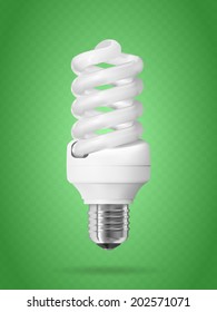Energy saving light bulb on green background, photo realistic vector illustration