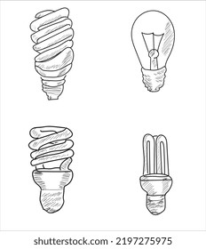 Bombillas de bajo consumo de energía. varias bombillas. Esbozar vector de línea de dibujo manual