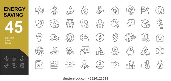 Juego de iconos editables de línea de ahorro de energía. Ilustración vectorial en el estilo moderno de línea delgada de iconos ecológicos: Costos de energía, nivel de consumo de energía, Casa Verde y más. Pictogramas e infografías