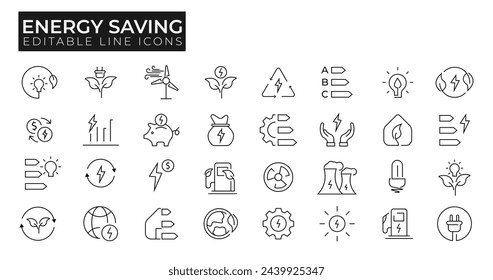 Energy Saving Line Editable Icons set. Includes Solar Energy, Green Planet, Nuclear Plant, Energy Production, Energy Costs, Power Consumption Level, Green House and more.