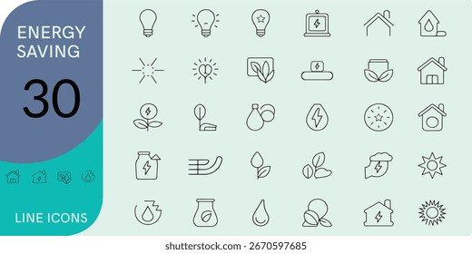 Línea de ahorro de energía Conjunto de iconos editables. Ilustración vectorial en estilo de línea delgada moderna de iconos relacionados con el eco: costos de energía, nivel de consumo de energía, casa verde y más. Pictogramas e infografías