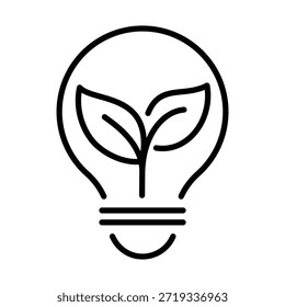 Ícone de linha de economia de energia, com lâmpada e folha. Simboliza economia de energia, tecnologia ecologicamente correta, sustentabilidade e inovação ecológica.
