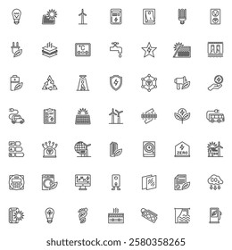 Energy saving line icons set. linear style symbols collection, outline signs pack. Renewable energy vector graphics. Set includes icons as energy efficient lightning, solar panel, wind turbine, led