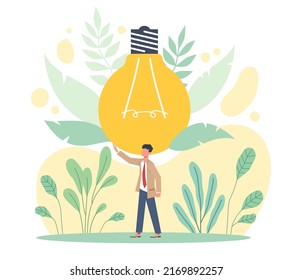 Energy saving, low consumption. Green mode energy, tiny man with huge light bulb, switch off, rational use of resources, environment protection poster, vector cartoon flat isolated concept