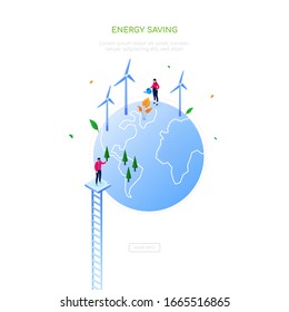 Energy saving - modern colorful isometric web banner on white background. A composition with male, female characters at the globe planting and watering trees, wind power generators. Ecology concept
