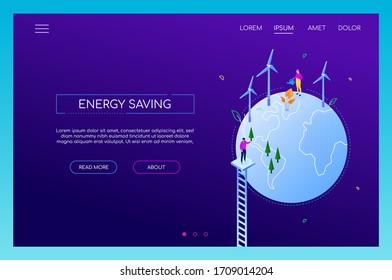 Energy saving - modern colorful isometric web banner on purple background. A composition with male, female characters at the globe planting and watering trees, wind power generators. Ecology concept