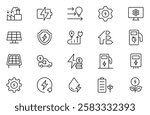 Energy Saving outline icon set, with conservation, reduce waste, consumption, management, efficiency, gas emission and green house. Eco related icons Energy Costs, Power ConsumptionGreen House