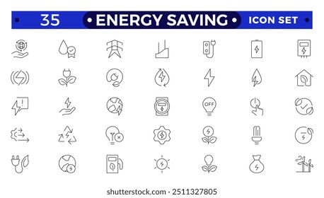 Conjunto de iconos de esquema de ahorro de energía con conservación, reduce los residuos, el consumo, la gestión, la eficiencia, la emisión de gases y el invernadero. Iconos relacionados con el medio ambiente Costos de energía, consumo de energía 
