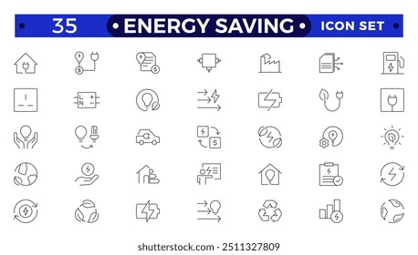 Ícone de contorno de economia de energia definido com conservação, reduzir o desperdício, consumo, gerenciamento, eficiência, emissão de gases e casa verde. Eco relacionados ícones Custos de energia, Consumo de energiaGreen House 
