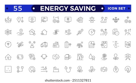 Energy Saving outline icon set with conservation, reduce waste, consumption, management, efficiency, gas emission and green house. Eco related icons Energy Costs, Power ConsumptionGreen House 
