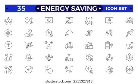 Energy Saving outline icon set with conservation, reduce waste, consumption, management, efficiency, gas emission and green house. Eco related icons Energy Costs, Power ConsumptionGreen House 
