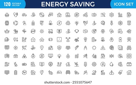 Energy Saving outline icon set with conservation, reduce waste, consumption, management, efficiency, gas emission and green house. Eco related icons Energy Costs, Power ConsumptionGreen House
