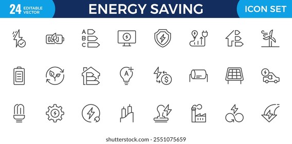 Conjunto de iconos de esquema de ahorro de energía con conservación, reduce los residuos, el consumo, la gestión, la eficiencia, la emisión de gases y el invernadero. Iconos relacionados con el medio ambiente Costos de energía, consumo de energía
