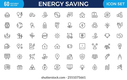 Energy Saving outline icon set with conservation, reduce waste, consumption, management, efficiency, gas emission and green house. Eco related icons Energy Costs, Power ConsumptionGreen House
