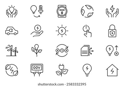 Energy Saving outline icon set, with conservation, reduce waste, consumption, management, efficiency, gas emission and green house. Eco related icons Energy Costs, Power ConsumptionGreen House