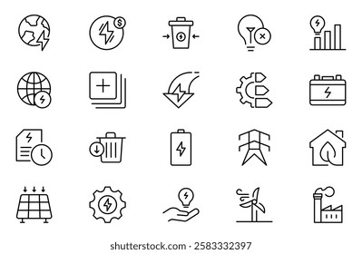 Energy Saving outline icon set, with conservation, reduce waste, consumption, management, efficiency, gas emission and green house. Eco related icons Energy Costs, Power ConsumptionGreen House