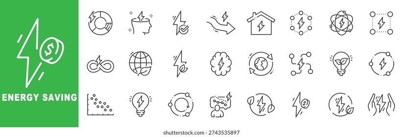 Energy saving outline icon set featuring renewable electricity, sustainability, efficiency optimization, smart home power, and editable stroke line icons.
