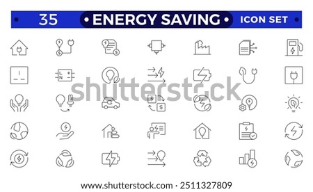 Energy Saving outline icon set with conservation, reduce waste, consumption, management, efficiency, gas emission and green house. Eco related icons Energy Costs, Power ConsumptionGreen House 
