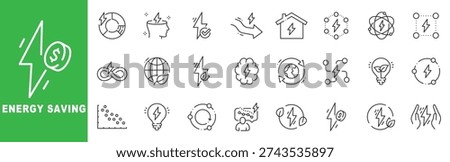 Energy saving outline icon set featuring renewable electricity, sustainability, efficiency optimization, smart home power, and editable stroke line icons.
