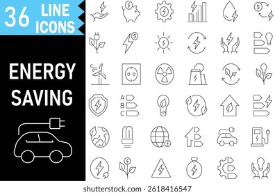 Energy Saving outline icons with editable stroke collection. Includes Solar Energy, Green Planet, power, Eco Car, Nuclear Plant, Energy Production, and More. 