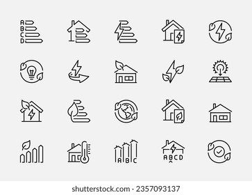 Energiesparen und Performance-Vektorsymbol im Rahmenstil eingestellt. Grüne Energie, Wärmedämmung, erneuerbare Energie und andere Symbole