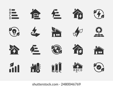 Energiesparende und leistungsstarke Vektorgrafik Icon Set im Glyph-Stil. Grüne Energie, Wärmedämmung, Erneuerbare Energie und andere Symbole