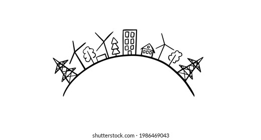 Energy saving picture. Urban icon with cityscape, buildings, electric tower, solar panels. Ecology planet landscape and electricity isolated on white background. Outline sketch.