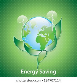 Energy Saving planet with windmills. On green background