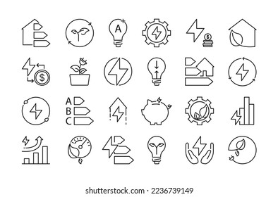 Energy Saving Related Vector Line Icons Set. Contains such Icons as Energy Costs, Power Consumption Level. Vector EPS 10